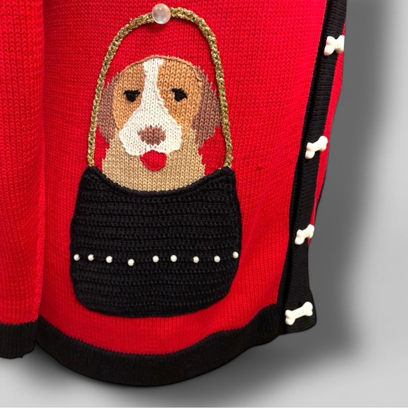 Berek 2 Sweater Womens Sz M Red Black Puppies In Pockets Dog Bones Buttons - Picture 3 of 8